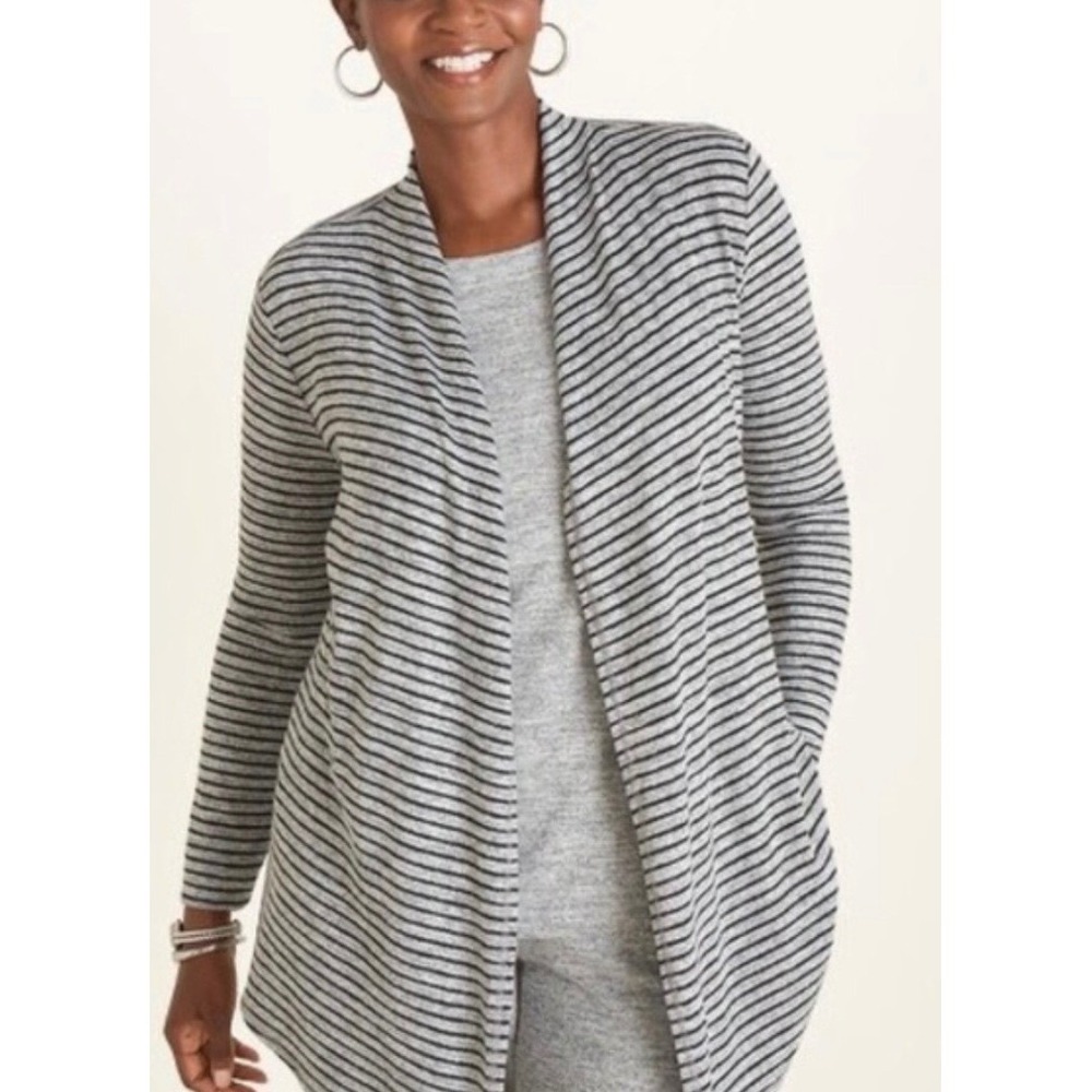 Chicos Zenergy Womens size 4 1X 2X  Gray Black Striped Open Front Cardigan